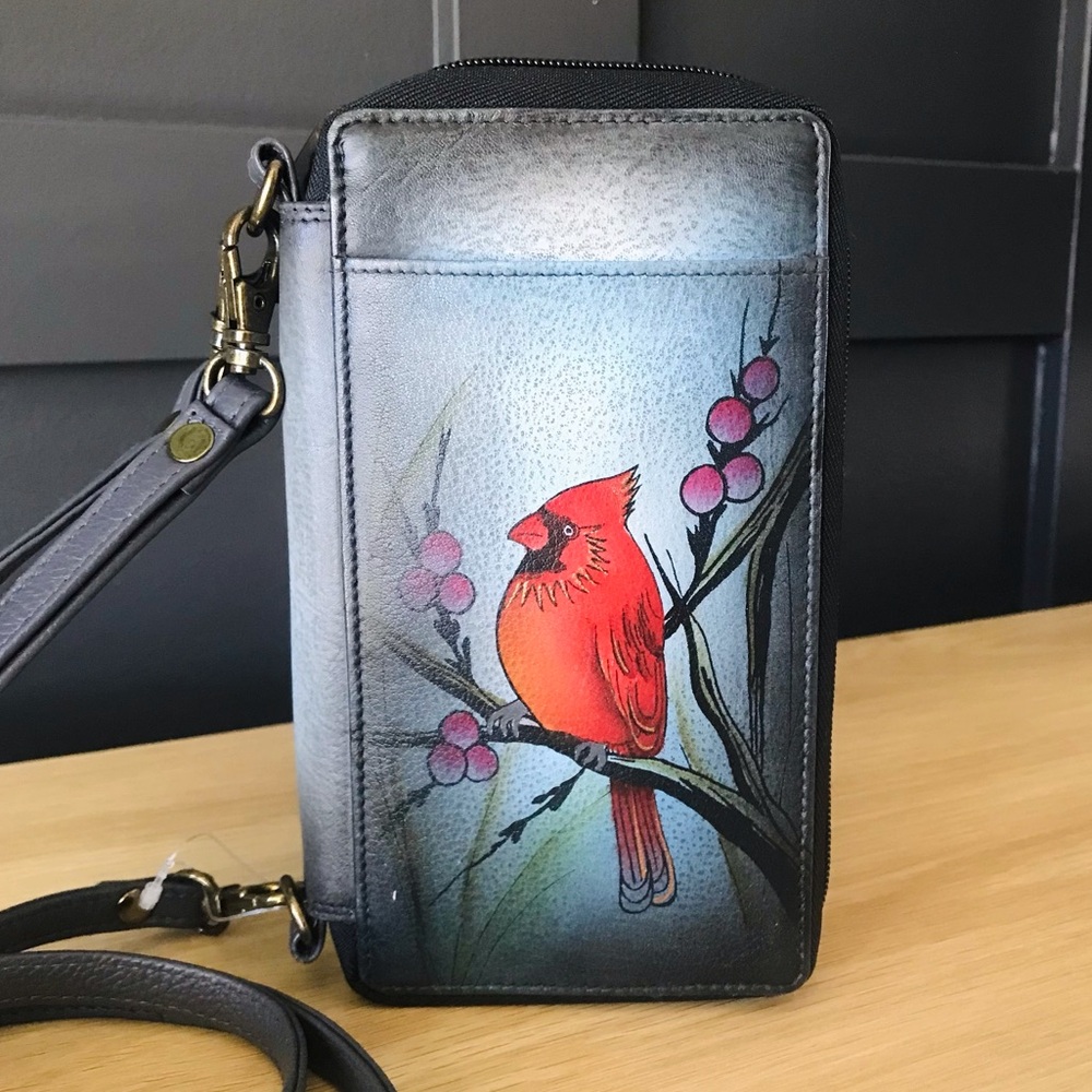 Anuschka Gray Crossbody Wallet with Red Cardinal Painting